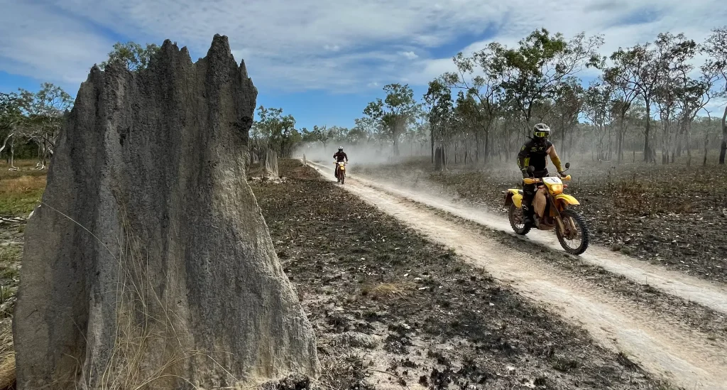 Riders next to a termite mound in Lakefield National Park, Cape York, Queensland